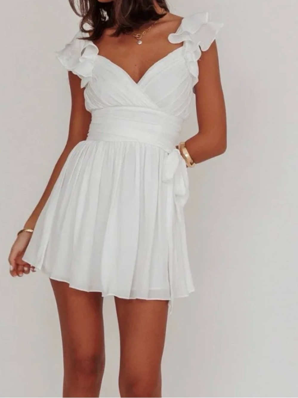 Selfie Leslie White Ruffle Strap Wrap Mini Dress